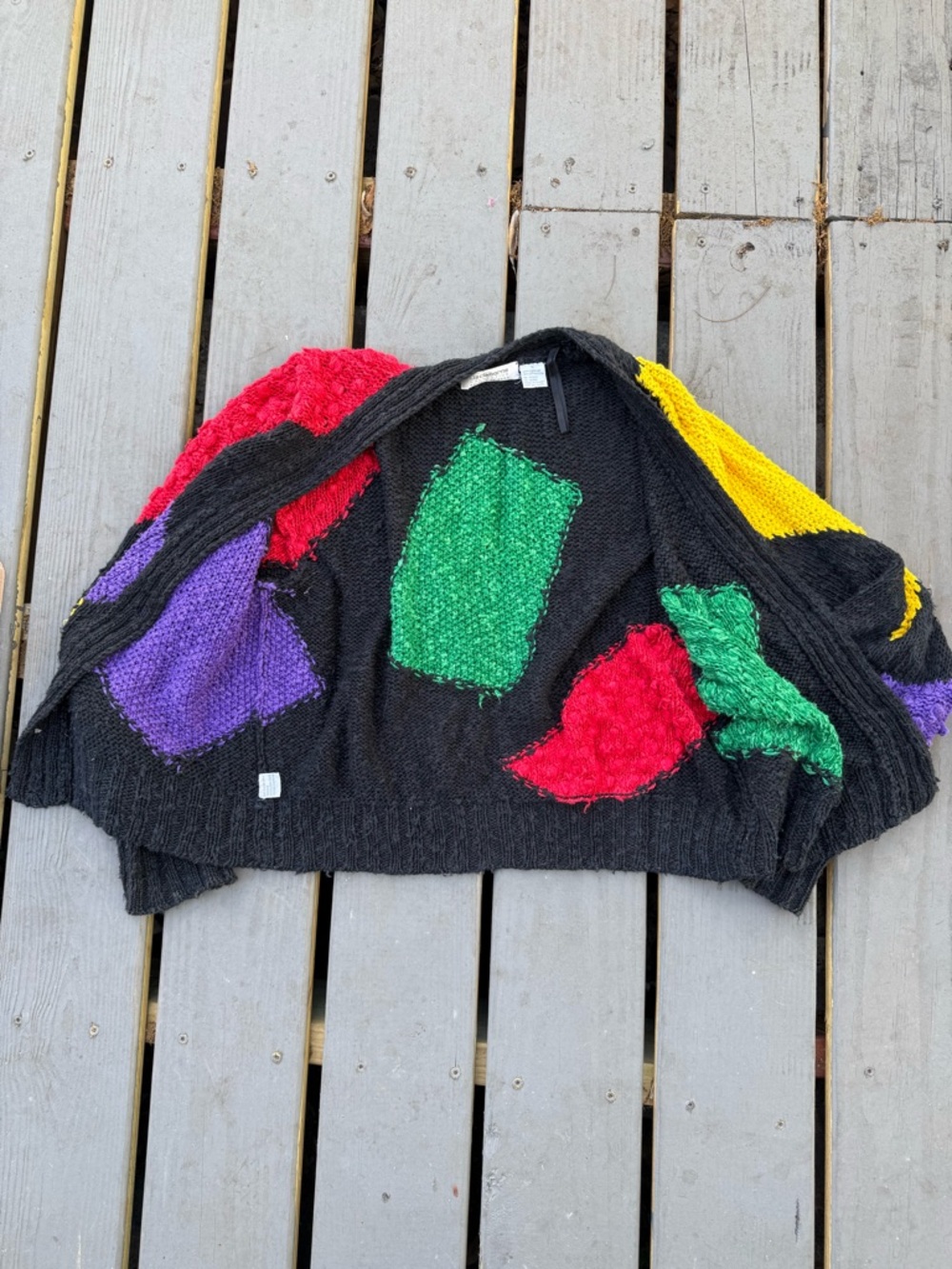 Vintage 80s Liz Claiborne Black Chunky V-Neck Cardigan with Colorblock Texture - Picture 2 of 7